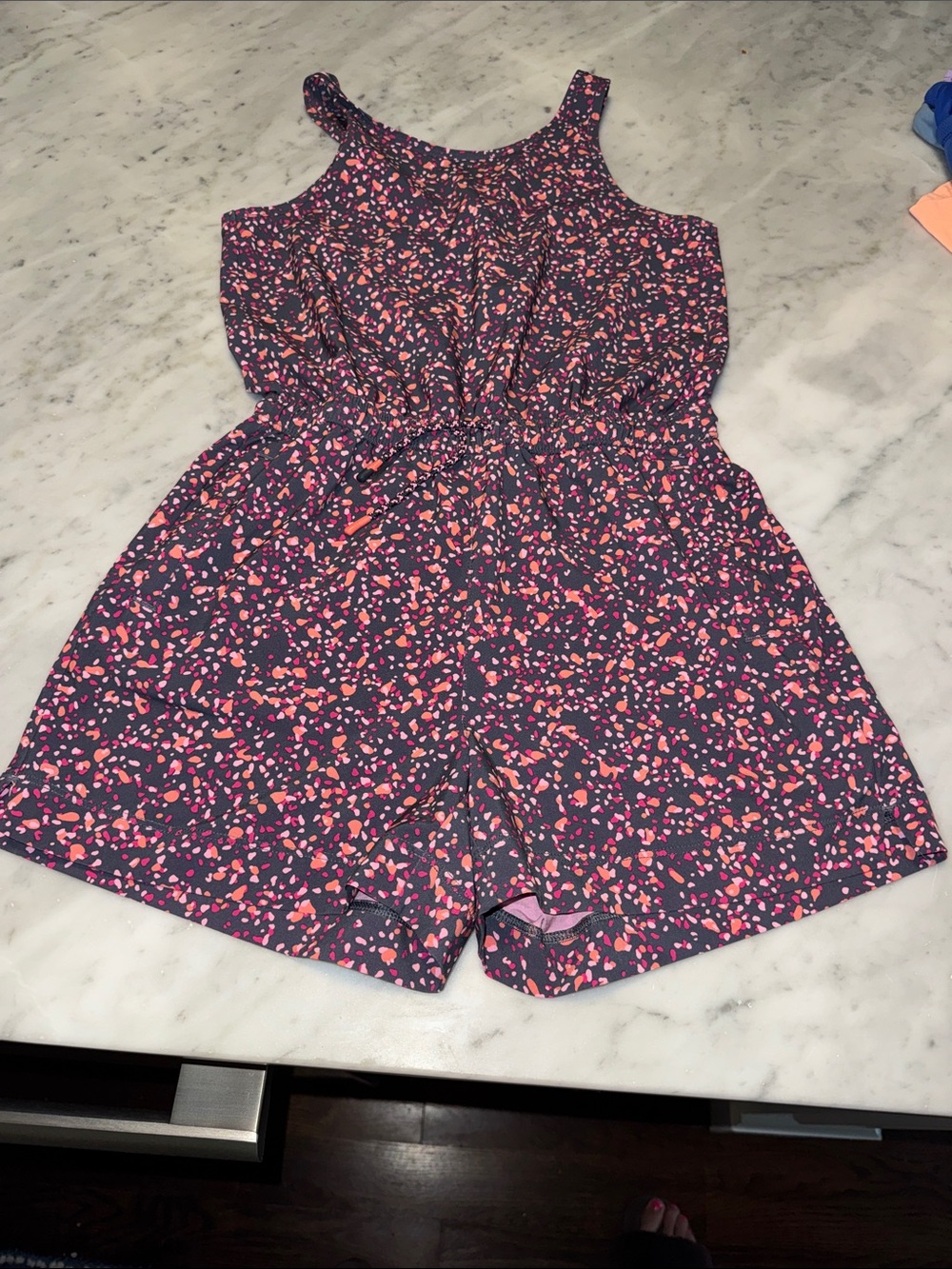 Athleta Navy Sleeveless Kids Romper with Pink Speckle Print